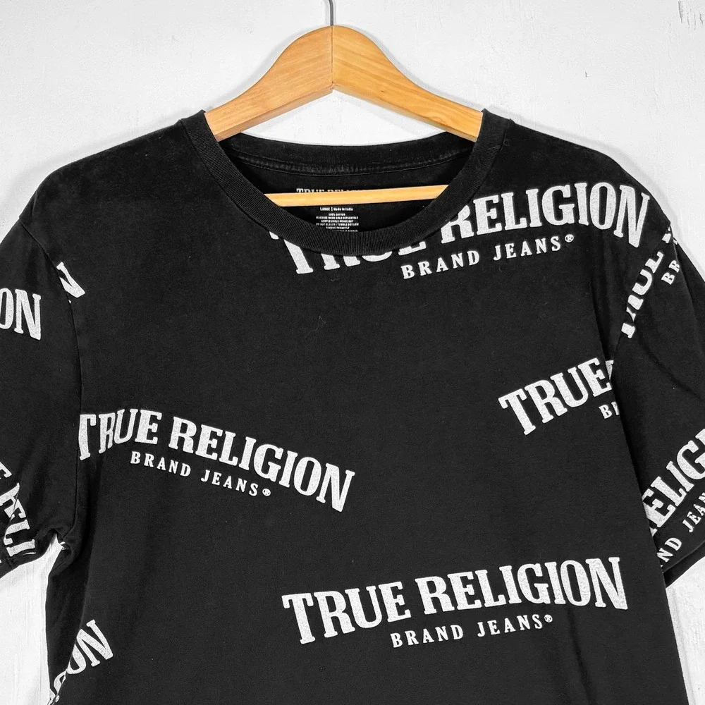 True Religion Black All Over Print Logo T-Shirt Mens L Streetwear